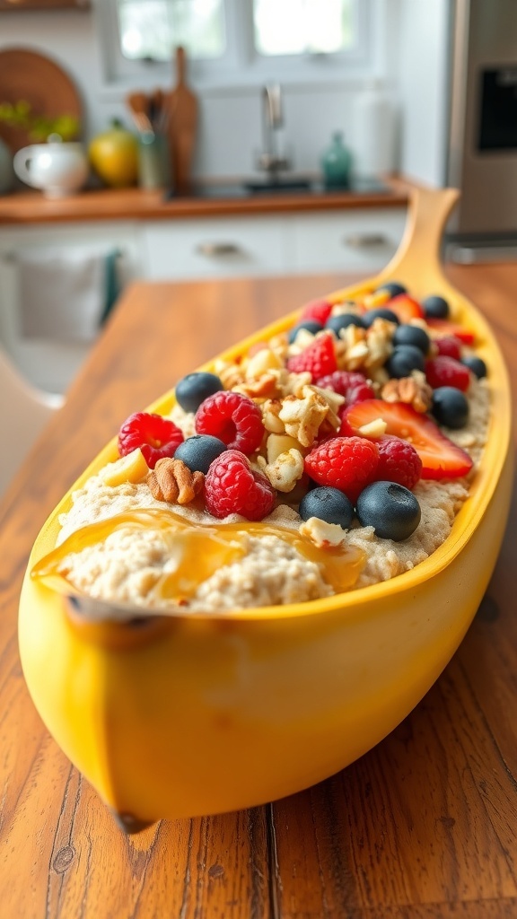 Oatmeal served in banana halves topped with berries and nuts on a wooden table.